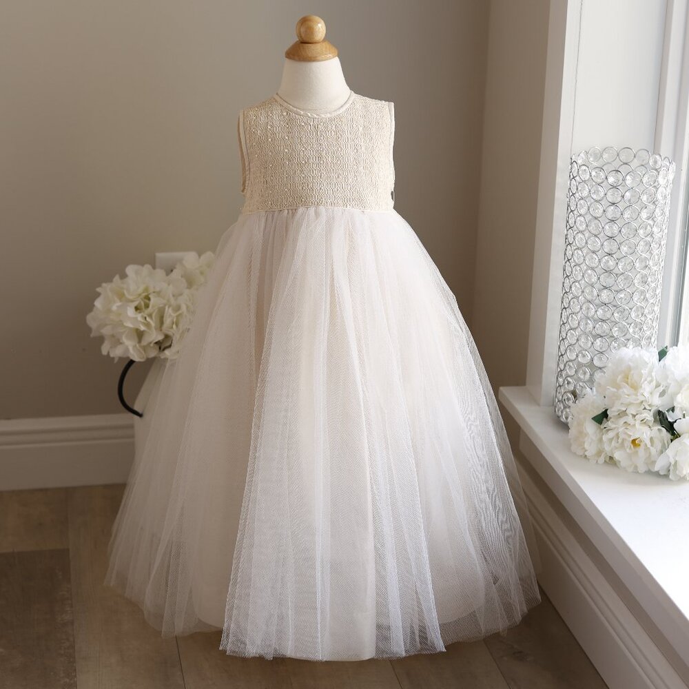 Ivory Smocked Silk Dress Tulle Overlay Flower Girl Special Occasion Size 2/3